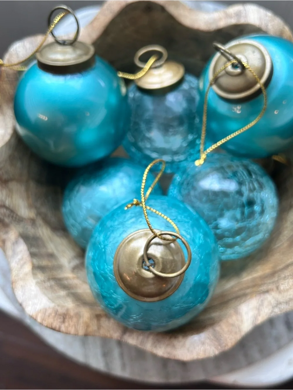 Restoration Hardware Teal Blue Crackle Glass Ornaments Set of 6